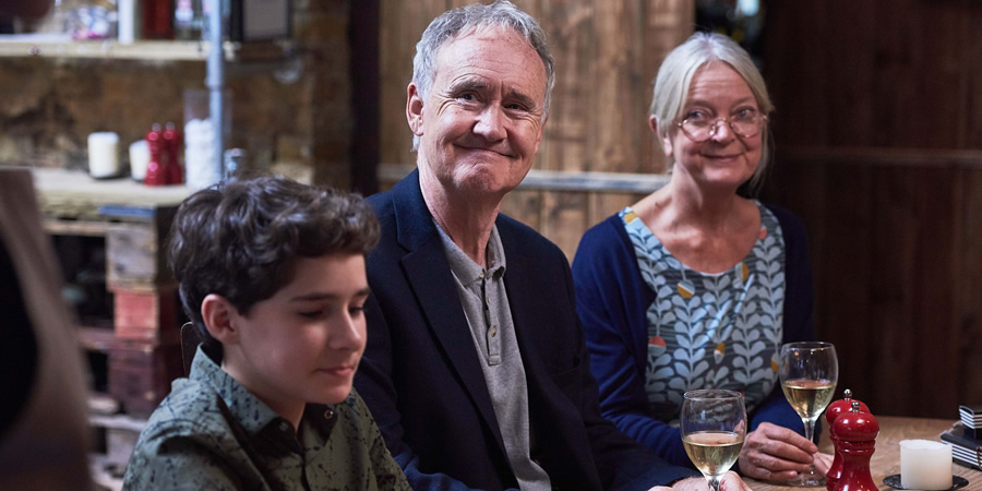 There She Goes. Image shows from L to R: Ben (Edan Hayhurst), Gandalf (Nigel Planer), Grandma (Serena Evans). Copyright: Merman. There She Goes. Image shows from L to R: Ben (Edan Hayhurst), Gandalf (Nigel Planer), Grandma (Serena Evans). Copyright: Merman.