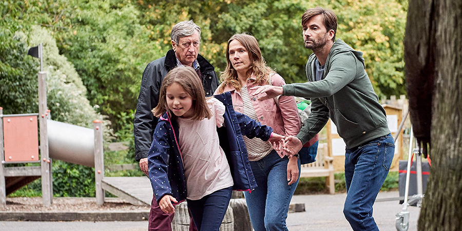 There She Goes. Image shows from L to R: Grandad John (Philip Jackson), Rosie (Miley Locke), Emily (Jessica Hynes), Simon (David Tennant). Copyright: Merman. There She Goes. Image shows from L to R: Grandad John (Philip Jackson), Rosie (Miley Locke), Emily (Jessica Hynes), Simon (David Tennant). Copyright: Merman.