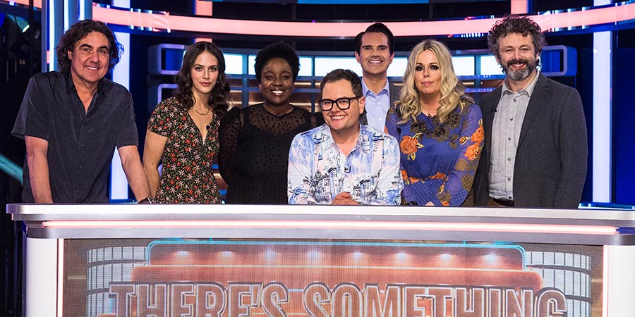 There's Something About Movies. Image shows from L to R: Micky Flanagan, Jessica Brown Findlay, Lolly Adefope, Alan Carr, Jimmy Carr, Roisin Conaty, Michael Sheen. Copyright: CPL Productions. There's Something About Movies. Image shows from L to R: Micky Flanagan, Jessica Brown Findlay, Lolly Adefope, Alan Carr, Jimmy Carr, Roisin Conaty, Michael Sheen. Copyright: CPL Productions.