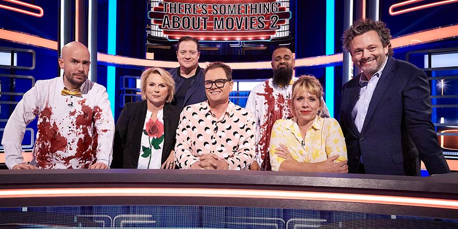 There's Something About Movies. Image shows from L to R: Tom Allen, Jennifer Saunders, Brendan Fraser, Alan Carr, Guz Khan, Kerry Godliman, Michael Sheen. There's Something About Movies. Image shows from L to R: Tom Allen, Jennifer Saunders, Brendan Fraser, Alan Carr, Guz Khan, Kerry Godliman, Michael Sheen.