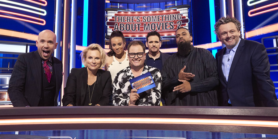 There's Something About Movies. Image shows from L to R: Tom Allen, Jennifer Saunders, Hannah John-Kamen, Alan Carr, Matt Dillon, Guz Khan, Michael Sheen. There's Something About Movies. Image shows from L to R: Tom Allen, Jennifer Saunders, Hannah John-Kamen, Alan Carr, Matt Dillon, Guz Khan, Michael Sheen.