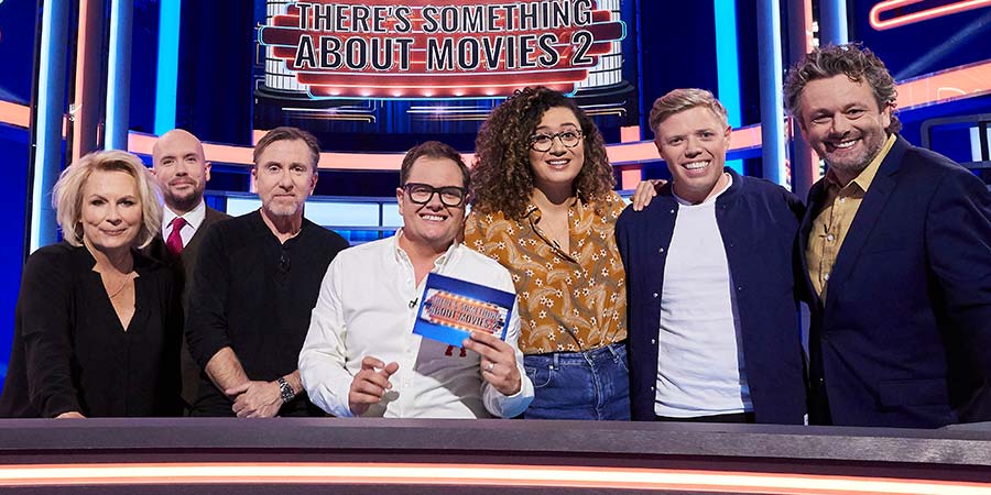 There's Something About Movies. Image shows from L to R: Jennifer Saunders, Tom Allen, Tim Roth, Alan Carr, Rose Matafeo, Rob Beckett, Michael Sheen. There's Something About Movies. Image shows from L to R: Jennifer Saunders, Tom Allen, Tim Roth, Alan Carr, Rose Matafeo, Rob Beckett, Michael Sheen.