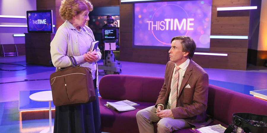 This Time With Alan Partridge. Image shows from L to R: Lynn Benfield (Felicity Montagu), Alan Partridge (Steve Coogan). Copyright: Baby Cow Productions. This Time With Alan Partridge. Image shows from L to R: Lynn Benfield (Felicity Montagu), Alan Partridge (Steve Coogan). Copyright: Baby Cow Productions.