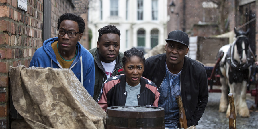 Timewasters. Image shows from L to R: Nick (Daniel Lawrence Taylor), Horace (Samson Kayo), Lauren (Adelayo Adedayo), Jason (Kadiff Kirwan). Copyright: Big Talk Productions. Timewasters. Image shows from L to R: Nick (Daniel Lawrence Taylor), Horace (Samson Kayo), Lauren (Adelayo Adedayo), Jason (Kadiff Kirwan). Copyright: Big Talk Productions.