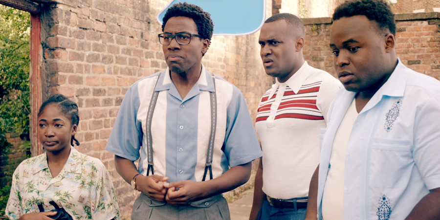 Timewasters. Image shows from L to R: Lauren (Adelayo Adedayo), Nick (Daniel Lawrence Taylor), Jason (Kadiff Kirwan), Horace (Samson Kayo). Copyright: Big Talk Productions. Timewasters. Image shows from L to R: Lauren (Adelayo Adedayo), Nick (Daniel Lawrence Taylor), Jason (Kadiff Kirwan), Horace (Samson Kayo). Copyright: Big Talk Productions.