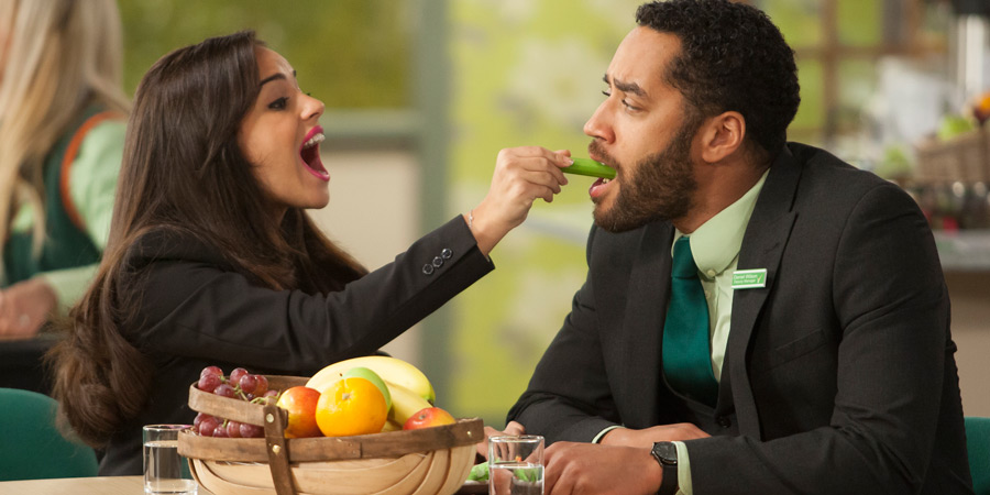 Trollied. Image shows from L to R: Holly (Georgia May Foote), Daniel (Samuel Anderson). Copyright: Roughcut Television. Trollied. Image shows from L to R: Holly (Georgia May Foote), Daniel (Samuel Anderson). Copyright: Roughcut Television.