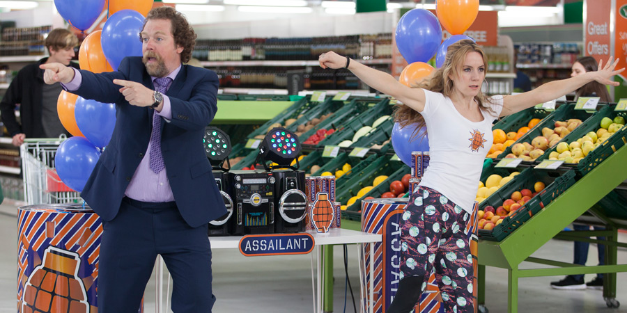Trollied. Image shows from L to R: Duncan Trench (Rufus Hound), Unknown. Copyright: Roughcut Television. Trollied. Image shows from L to R: Duncan Trench (Rufus Hound), Unknown. Copyright: Roughcut Television.