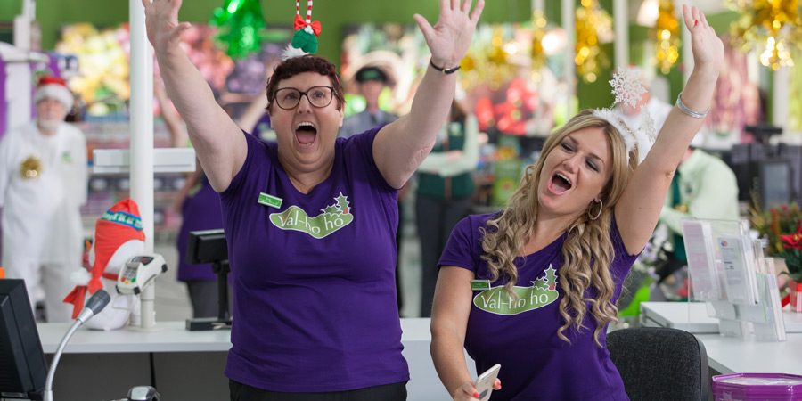 Trollied. Image shows from L to R: Sue (Lorraine Cheshire), Linda (Faye McKeever). Copyright: Roughcut Television. Trollied. Image shows from L to R: Sue (Lorraine Cheshire), Linda (Faye McKeever). Copyright: Roughcut Television.