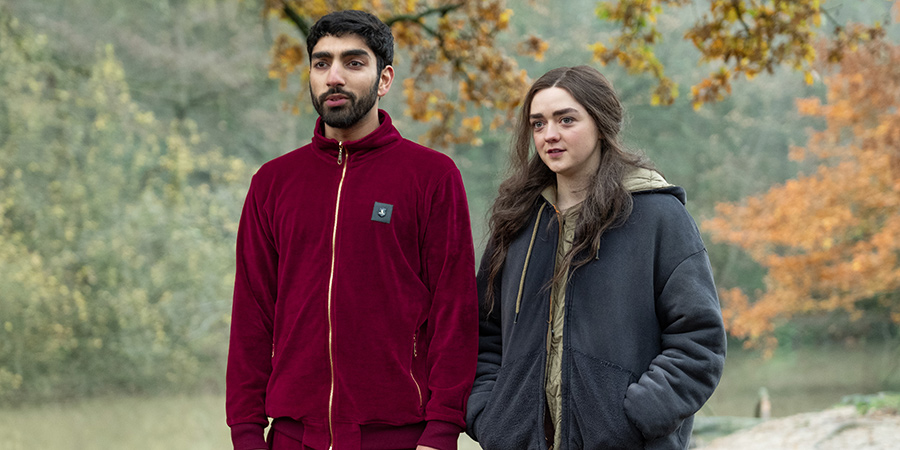 Two Weeks To Live. Image shows from L to R: Nicky (Mawaan Rizwan), Kim Noakes (Maisie Williams). Copyright: Kudos Productions. Two Weeks To Live. Image shows from L to R: Nicky (Mawaan Rizwan), Kim Noakes (Maisie Williams). Copyright: Kudos Productions.