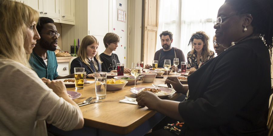 Uncle. Image shows from L to R: Sam (Daisy Haggard), Bruce (Daniel Lawrence Taylor), Emma (Fern Deacon), Errol (Elliot Speller-Gillott), Andy (Nick Helm), Jasmine (Emily Bevan), Diane (Cecilia Noble). Copyright: Baby Cow Productions. Uncle. Image shows from L to R: Sam (Daisy Haggard), Bruce (Daniel Lawrence Taylor), Emma (Fern Deacon), Errol (Elliot Speller-Gillott), Andy (Nick Helm), Jasmine (Emily Bevan), Diane (Cecilia Noble). Copyright: Baby Cow Productions.