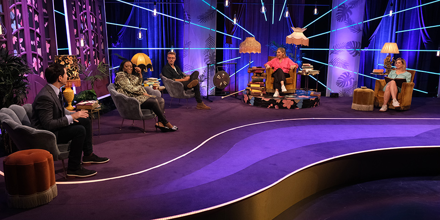 Mel Giedroyc: Unforgivable. Image shows from L to R: Jimmy Carr, Judi Love, Richard Bacon, Mel Giedroyc, Lou Sanders. Mel Giedroyc: Unforgivable. Image shows from L to R: Jimmy Carr, Judi Love, Richard Bacon, Mel Giedroyc, Lou Sanders.