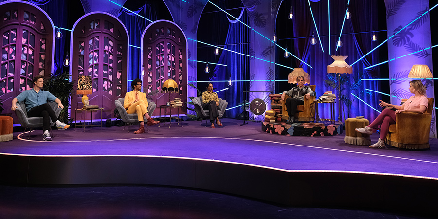 Mel Giedroyc: Unforgivable. Image shows from L to R: Ed Gamble, Richard Ayoade, Sindhu Vee, Mel Giedroyc, Lou Sanders. Mel Giedroyc: Unforgivable. Image shows from L to R: Ed Gamble, Richard Ayoade, Sindhu Vee, Mel Giedroyc, Lou Sanders.