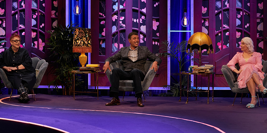 Mel Giedroyc: Unforgivable. Image shows from L to R: Jo Brand, Chris Kamara, Sara Pascoe. Mel Giedroyc: Unforgivable. Image shows from L to R: Jo Brand, Chris Kamara, Sara Pascoe.