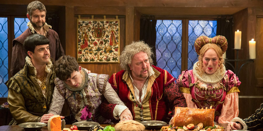 Upstart Crow. Image shows from L to R: Kempe (Spencer Jones), Bottom (Rob Rouse), Florian (Kieran Hodgson), Burbage (Steve Speirs), Condell (Dominic Coleman). Copyright: BBC.