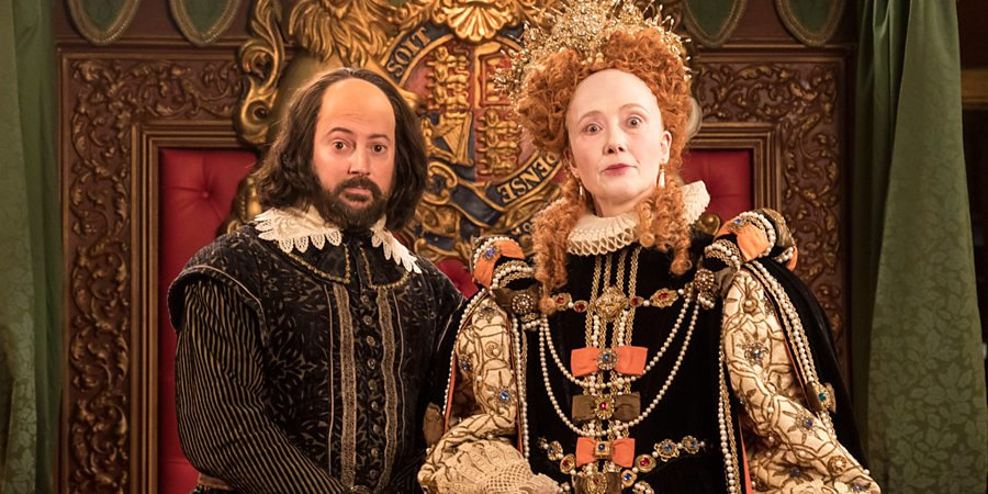 Upstart Crow. Image shows from L to R: Will Shakespeare (David Mitchell), Queen Elizabeth (Emma Thompson). Copyright: BBC. Upstart Crow. Image shows from L to R: Will Shakespeare (David Mitchell), Queen Elizabeth (Emma Thompson). Copyright: BBC.