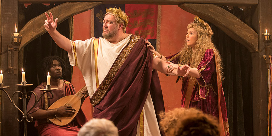 Upstart Crow. Image shows from L to R: Longinus (Ola Orebiyi), Burbage (Steve Speirs), Toby (Beattie Edmondson). Copyright: BBC. Upstart Crow. Image shows from L to R: Longinus (Ola Orebiyi), Burbage (Steve Speirs), Toby (Beattie Edmondson). Copyright: BBC.