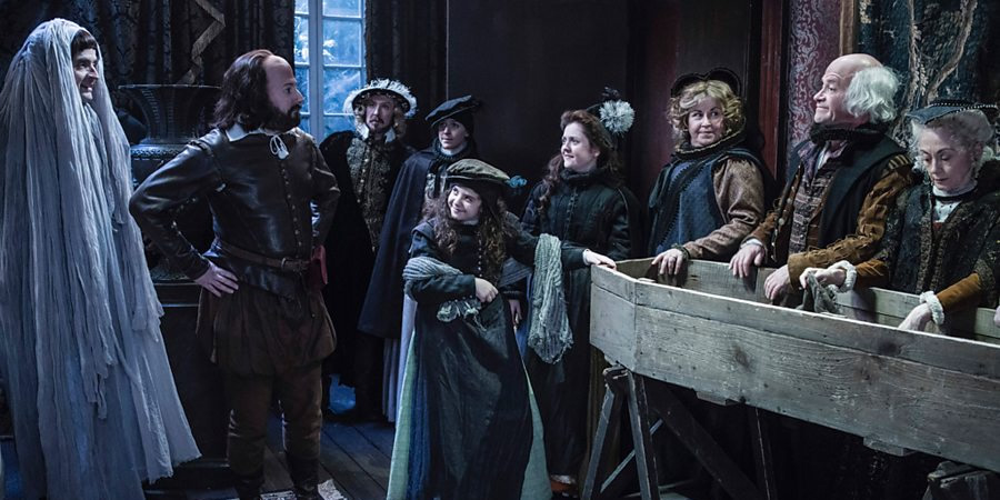 Upstart Crow. Image shows from L to R: Kempe (Spencer Jones), Will Shakespeare (David Mitchell), Marlowe (Tim Downie), Kate (Gemma Whelan), Judith (Rosanna Beacock), Susanna (Helen Monks), Anne Hathaway (Liza Tarbuck), John Shakespeare (Harry Enfield), Mary Arden (Paula Wilcox). Copyright: BBC. Upstart Crow. Image shows from L to R: Kempe (Spencer Jones), Will Shakespeare (David Mitchell), Marlowe (Tim Downie), Kate (Gemma Whelan), Judith (Rosanna Beacock), Susanna (Helen Monks), Anne Hathaway (Liza Tarbuck), John Shakespeare (Harry Enfield), Mary Arden (Paula Wilcox). Copyright: BBC.