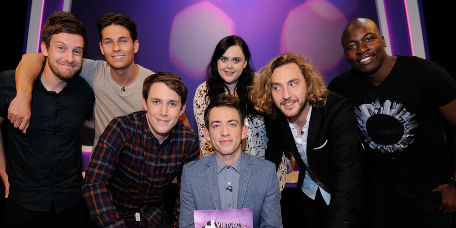 Virtually Famous. Image shows from L to R: Chris Ramsey, Joey Essex, Chris Stark, Kevin McHale, Sharon Rooney, Seann Walsh, Eddie Kadi. Copyright: Talkback / Hungry Bear Media. Virtually Famous. Image shows from L to R: Chris Ramsey, Joey Essex, Chris Stark, Kevin McHale, Sharon Rooney, Seann Walsh, Eddie Kadi. Copyright: Talkback / Hungry Bear Media.
