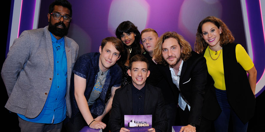 Virtually Famous. Image shows from L to R: Romesh Ranganathan, Chris Stark, Jameela Jamil, Kevin McHale, Thomas Turgoose, Seann Walsh, Suzi Ruffell. Copyright: Talkback / Hungry Bear Media. Virtually Famous. Image shows from L to R: Romesh Ranganathan, Chris Stark, Jameela Jamil, Kevin McHale, Thomas Turgoose, Seann Walsh, Suzi Ruffell. Copyright: Talkback / Hungry Bear Media.