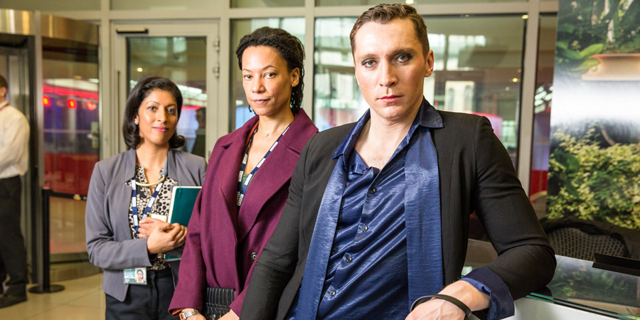 W1A. Image shows from L to R: Faiza Raja (Priyanga Burford), Lucy Freeman (Nina Sosanya), Ryan Chelford (Ben Batt). Copyright: BBC. W1A. Image shows from L to R: Faiza Raja (Priyanga Burford), Lucy Freeman (Nina Sosanya), Ryan Chelford (Ben Batt). Copyright: BBC.
