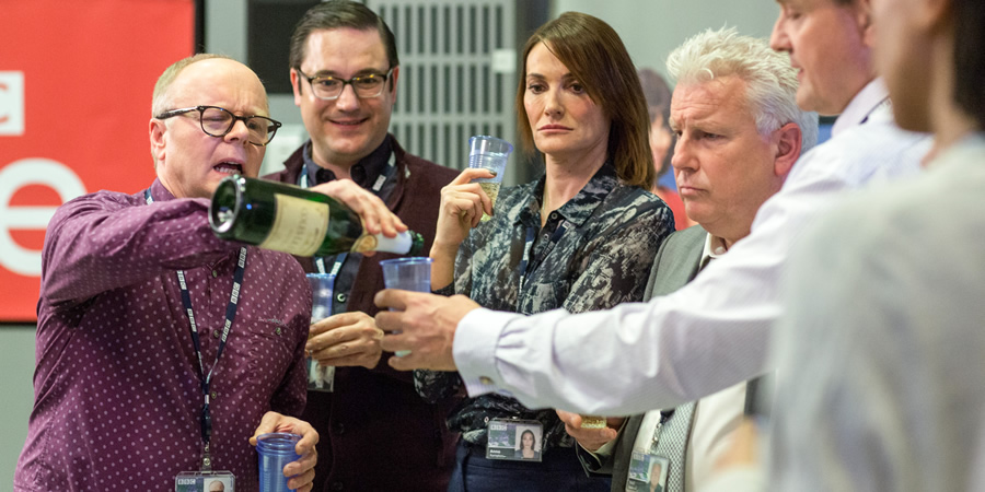 W1A. Image shows from L to R: Simon Harwood (Jason Watkins), David Wilkes (Rufus Jones), Anna Rampton (Sarah Parish), Neil Reid (David Westhead), Ian Fletcher (Hugh Bonneville). Copyright: BBC. W1A. Image shows from L to R: Simon Harwood (Jason Watkins), David Wilkes (Rufus Jones), Anna Rampton (Sarah Parish), Neil Reid (David Westhead), Ian Fletcher (Hugh Bonneville). Copyright: BBC.
