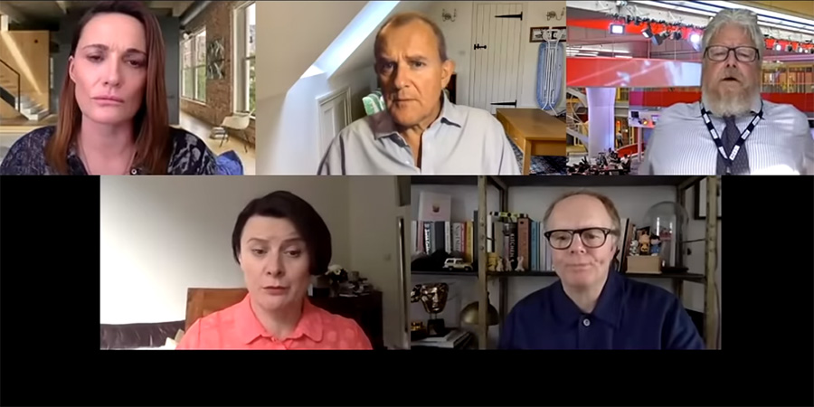 W1A. Image shows from L to R: Anna Rampton (Sarah Parish), Tracey Pritchard (Monica Dolan), Ian Fletcher (Hugh Bonneville), Simon Harwood (Jason Watkins), Neil Reid (David Westhead). Copyright: BBC. W1A. Image shows from L to R: Anna Rampton (Sarah Parish), Tracey Pritchard (Monica Dolan), Ian Fletcher (Hugh Bonneville), Simon Harwood (Jason Watkins), Neil Reid (David Westhead). Copyright: BBC.