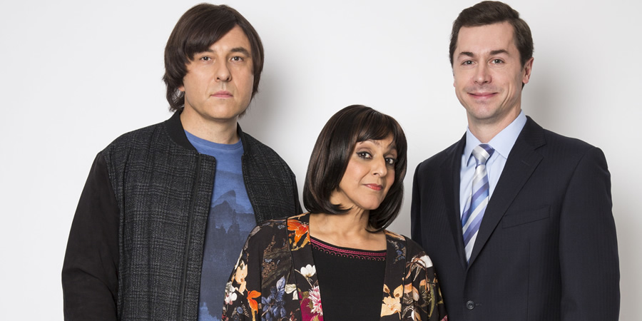 Walliams & Friend. Image shows from L to R: David Walliams, Meera Syal, Mike Wozniak. Copyright: King Bert Productions. Walliams & Friend. Image shows from L to R: David Walliams, Meera Syal, Mike Wozniak. Copyright: King Bert Productions.