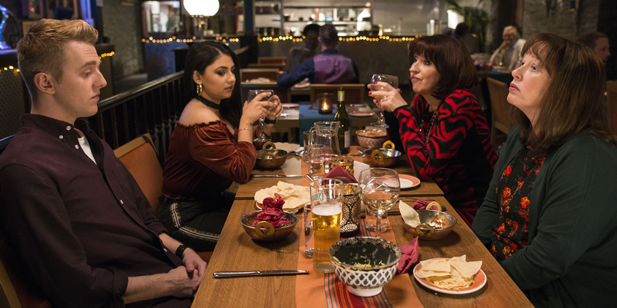 Warren. Image shows from L to R: Charlie (Tim Preston), Prisha (Rameet Rauli), Liz (Martine Brown), Anne (Lisa Millett). Copyright: Hat Trick Productions. Warren. Image shows from L to R: Charlie (Tim Preston), Prisha (Rameet Rauli), Liz (Martine Brown), Anne (Lisa Millett). Copyright: Hat Trick Productions.