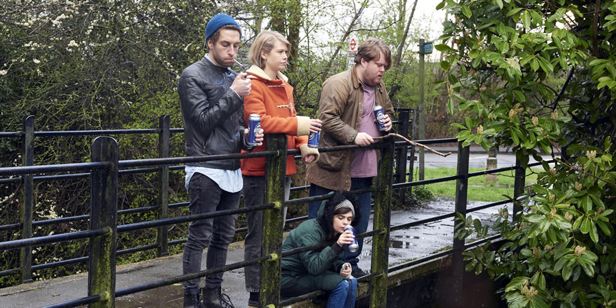 Wasted. Image shows from L to R: Sarah Durkin (Rose Reynolds), Alison (Gwyneth Keyworth), Paul 'Morpheus' Durkin (Danny Kirrane). Copyright: Angel Eye Media. Wasted. Image shows from L to R: Sarah Durkin (Rose Reynolds), Alison (Gwyneth Keyworth), Paul 'Morpheus' Durkin (Danny Kirrane). Copyright: Angel Eye Media.