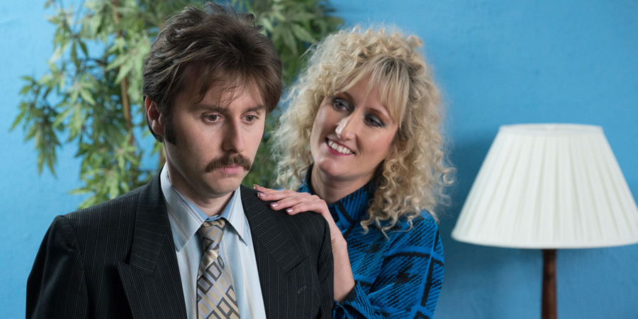 White Gold. Image shows from L to R: Brian Fitzpatrick (James Buckley), Carol (Lauren O'Rourke). Copyright: Fudge Park. White Gold. Image shows from L to R: Brian Fitzpatrick (James Buckley), Carol (Lauren O'Rourke). Copyright: Fudge Park.