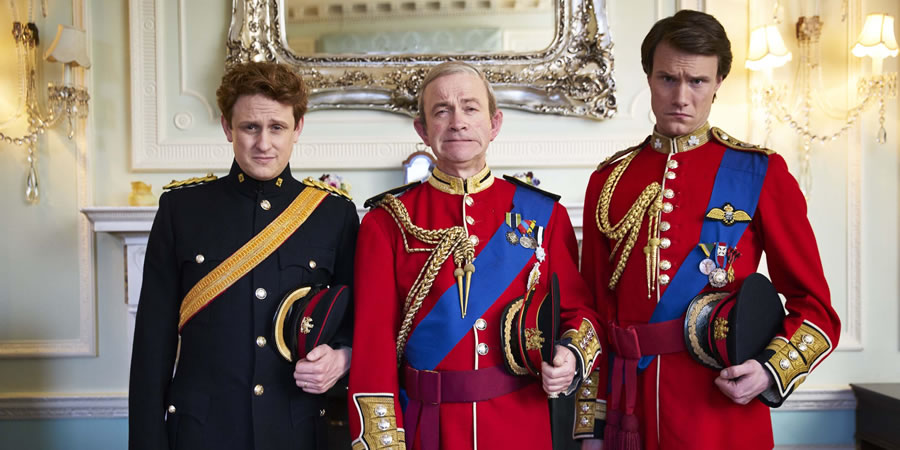 The Windsors. Image shows from L to R: Harry (Richard Goulding), Charles (Harry Enfield), Wills (Hugh Skinner). Copyright: Noho Film and TV. The Windsors. Image shows from L to R: Harry (Richard Goulding), Charles (Harry Enfield), Wills (Hugh Skinner). Copyright: Noho Film and TV.