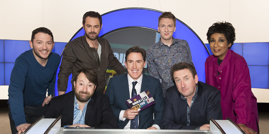 Would I Lie To You?. Image shows from L to R: Jon Richardson, David Mitchell, Danny Dyer, Rob Brydon, Joe Lycett, Lee Mack, Moira Stuart. Copyright: Zeppotron. Would I Lie To You?. Image shows from L to R: Jon Richardson, David Mitchell, Danny Dyer, Rob Brydon, Joe Lycett, Lee Mack, Moira Stuart. Copyright: Zeppotron.