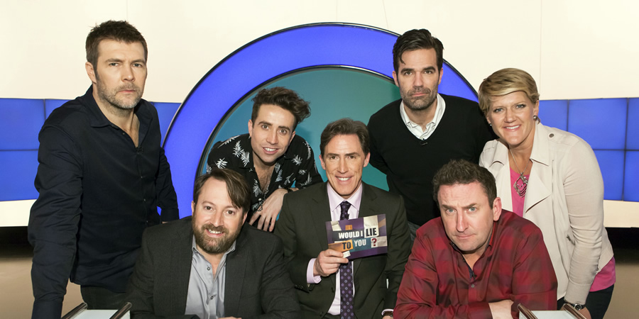 Would I Lie To You?. Image shows from L to R: Rhod Gilbert, David Mitchell, Nick Grimshaw, Lee Mack, Rob Delaney, Lee Mack, Clare Balding. Copyright: Zeppotron. Would I Lie To You?. Image shows from L to R: Rhod Gilbert, David Mitchell, Nick Grimshaw, Lee Mack, Rob Delaney, Lee Mack, Clare Balding. Copyright: Zeppotron.