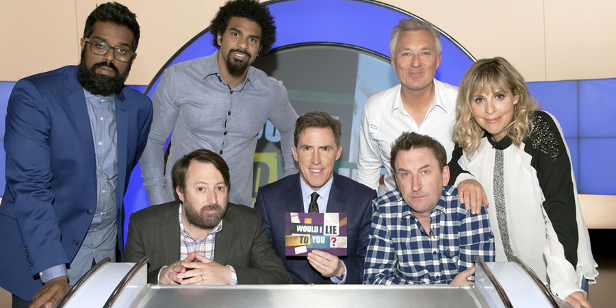 Would I Lie To You?. Image shows from L to R: Romesh Ranganathan, David Mitchell, David Haye, Rob Brydon, Lee Mack, Martin Kemp, Mel Giedroyc. Copyright: Zeppotron. Would I Lie To You?. Image shows from L to R: Romesh Ranganathan, David Mitchell, David Haye, Rob Brydon, Lee Mack, Martin Kemp, Mel Giedroyc. Copyright: Zeppotron.