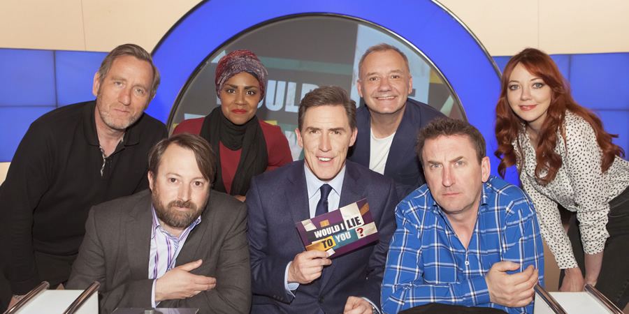 Would I Lie To You?. Image shows from L to R: Michael Smiley, David Mitchell, Nadiya Hussain, Rob Brydon, Bob Mortimer, Lee Mack, Diane Morgan. Copyright: Zeppotron. Would I Lie To You?. Image shows from L to R: Michael Smiley, David Mitchell, Nadiya Hussain, Rob Brydon, Bob Mortimer, Lee Mack, Diane Morgan. Copyright: Zeppotron.