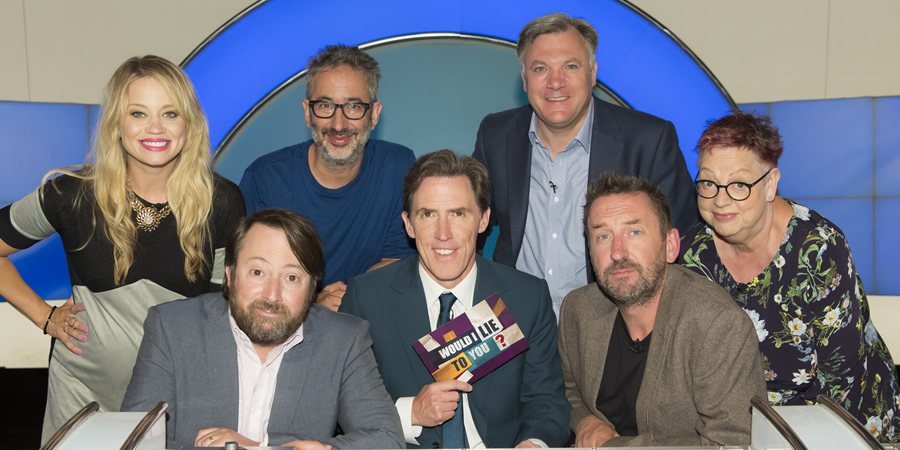 Would I Lie To You?. Image shows from L to R: Kimberly Wyatt, David Mitchell, David Baddiel, Rob Brydon, Ed Balls, Lee Mack, Jo Brand. Copyright: Zeppotron. Would I Lie To You?. Image shows from L to R: Kimberly Wyatt, David Mitchell, David Baddiel, Rob Brydon, Ed Balls, Lee Mack, Jo Brand. Copyright: Zeppotron.