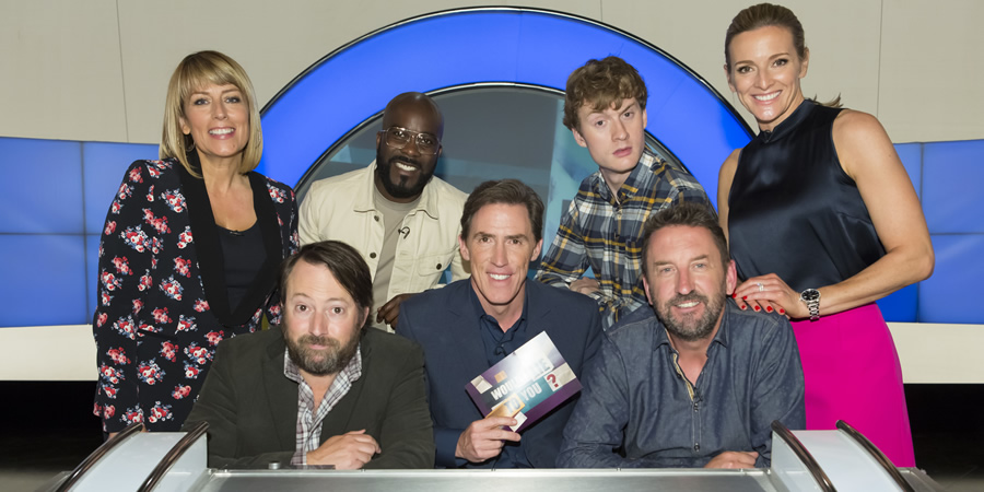 Would I Lie To You?. Image shows from L to R: Fay Ripley, David Mitchell, Melvin Odoom, Rob Brydon, James Acaster, Lee Mack, Gabby Logan. Copyright: Zeppotron. Would I Lie To You?. Image shows from L to R: Fay Ripley, David Mitchell, Melvin Odoom, Rob Brydon, James Acaster, Lee Mack, Gabby Logan. Copyright: Zeppotron.