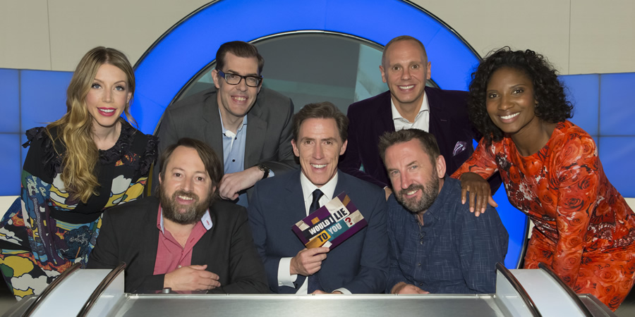 Would I Lie To You?. Image shows from L to R: Katherine Ryan, David Mitchell, Richard Osman, Rob Brydon, Lee Mack, Robert Rinder, Denise Lewis. Copyright: Zeppotron. Would I Lie To You?. Image shows from L to R: Katherine Ryan, David Mitchell, Richard Osman, Rob Brydon, Lee Mack, Robert Rinder, Denise Lewis. Copyright: Zeppotron.