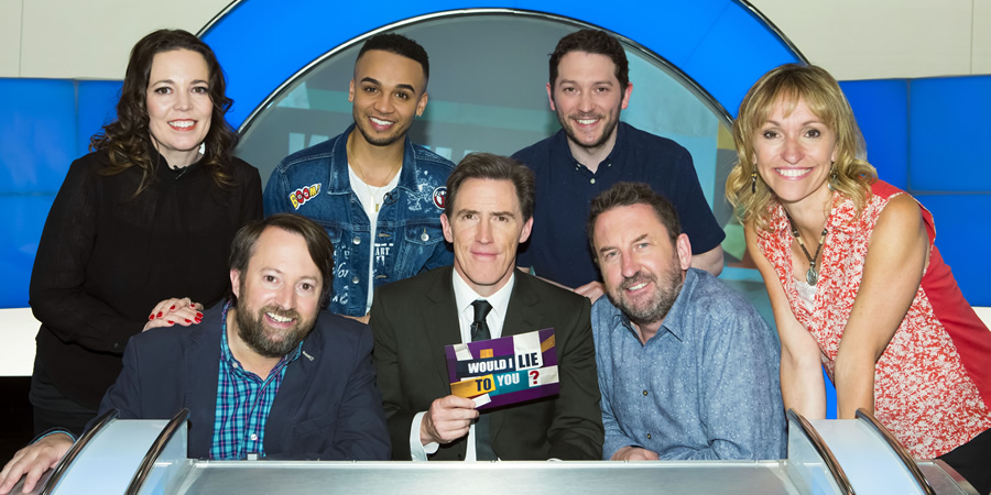 Would I Lie To You?. Image shows from L to R: Olivia Colman, David Mitchell, Aston Merrygold, Rob Brydon, Jon Richardson, Lee Mack, Michaela Strachan. Copyright: Zeppotron. Would I Lie To You?. Image shows from L to R: Olivia Colman, David Mitchell, Aston Merrygold, Rob Brydon, Jon Richardson, Lee Mack, Michaela Strachan. Copyright: Zeppotron.