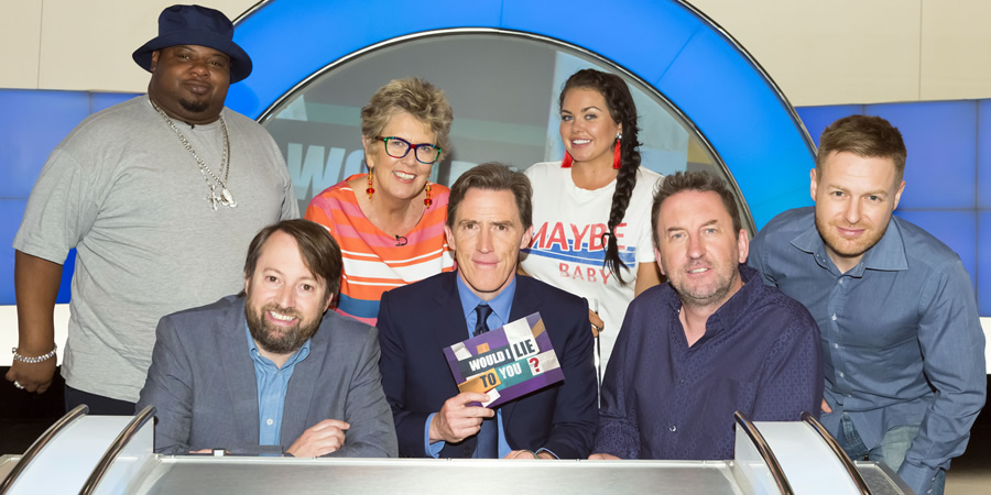 Would I Lie To You?. Image shows from L to R: Big Narstie, David Mitchell, Prue Leith, Rob Brydon, Scarlett Moffatt, Lee Mack, Tomasz Schafernaker. Copyright: Zeppotron. Would I Lie To You?. Image shows from L to R: Big Narstie, David Mitchell, Prue Leith, Rob Brydon, Scarlett Moffatt, Lee Mack, Tomasz Schafernaker. Copyright: Zeppotron.