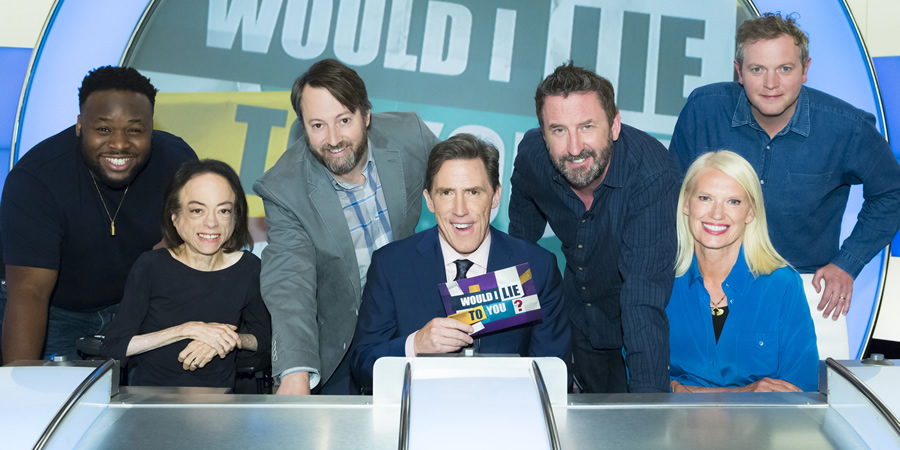 Would I Lie To You?. Image shows from L to R: Samson Kayo, Liz Carr, David Mitchell, Rob Brydon, Lee Mack, Anneka Rice, Miles Jupp. Copyright: Zeppotron. Would I Lie To You?. Image shows from L to R: Samson Kayo, Liz Carr, David Mitchell, Rob Brydon, Lee Mack, Anneka Rice, Miles Jupp. Copyright: Zeppotron.
