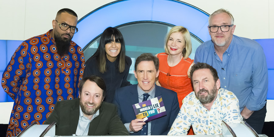 Would I Lie To You?. Image shows from L to R: Guz Khan, David Mitchell, Claudia Winkleman, Rob Brydon, Lucy Worsley, Lee Mack, Greg Davies. Copyright: Zeppotron. Would I Lie To You?. Image shows from L to R: Guz Khan, David Mitchell, Claudia Winkleman, Rob Brydon, Lucy Worsley, Lee Mack, Greg Davies. Copyright: Zeppotron.