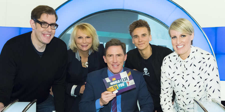 Would I Lie To You?. Image shows from L to R: Richard Osman, Jennifer Saunders, Rob Brydon, Joe Sugg, Steph McGovern. Copyright: Zeppotron. Would I Lie To You?. Image shows from L to R: Richard Osman, Jennifer Saunders, Rob Brydon, Joe Sugg, Steph McGovern. Copyright: Zeppotron.