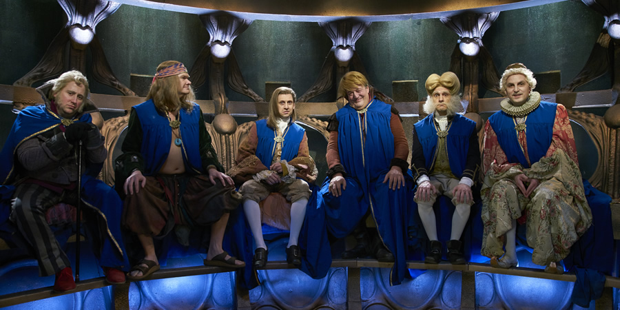 Yonderland. Image shows from L to R: Jim Howick, Simon Farnaby, Laurence Rickard, Cuddly Dick (Stephen Fry), Mathew Baynton, Ben Willbond. Copyright: Working Title Films. Yonderland. Image shows from L to R: Jim Howick, Simon Farnaby, Laurence Rickard, Cuddly Dick (Stephen Fry), Mathew Baynton, Ben Willbond. Copyright: Working Title Films.