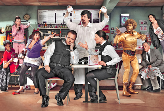 Angelo's. Image shows from L to R: Mickey P (Javone Prince), Alicia (Alice Lowe), Maria (Shelley Longworth), Dave (Paul Garner), Angelo (Steve Brody), Karen (Sharon Horgan), Kris (Simon Farnaby), Russell (Kim Wall), Shelley (Miranda Hart). Copyright: Bwark Productions / Ealing Studios. Angelo's. Image shows from L to R: Mickey P (Javone Prince), Alicia (Alice Lowe), Maria (Shelley Longworth), Dave (Paul Garner), Angelo (Steve Brody), Karen (Sharon Horgan), Kris (Simon Farnaby), Russell (Kim Wall), Shelley (Miranda Hart). Copyright: Bwark Productions / Ealing Studios.