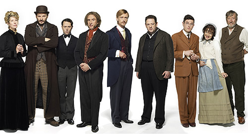 Chekhov: Comedy Shorts. Image shows from L to R: Popova (Julia Davis), Smirnoff (Julian Barratt), Butler (Reece Shearsmith), Nyukhin (Steve Coogan), Murashkin (Mackenzie Crook), Tolkachov (Johnny Vegas), Lomov (Mathew Horne), Natasha (Sheridan Smith), Natasha's Father (Philip Jackson). Copyright: Baby Cow Productions. Chekhov: Comedy Shorts. Image shows from L to R: Popova (Julia Davis), Smirnoff (Julian Barratt), Butler (Reece Shearsmith), Nyukhin (Steve Coogan), Murashkin (Mackenzie Crook), Tolkachov (Johnny Vegas), Lomov (Mathew Horne), Natasha (Sheridan Smith), Natasha's Father (Philip Jackson). Copyright: Baby Cow Productions.