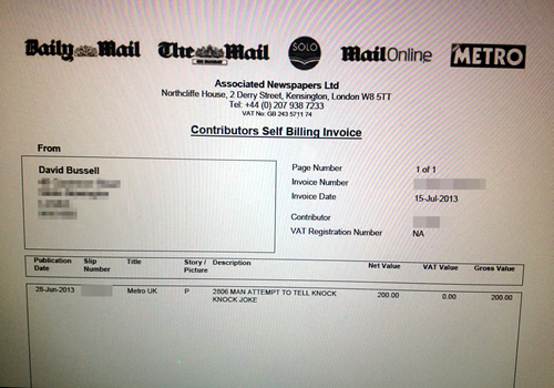 Picture of The Daily Mail invoice confirming payment of £200. Picture of The Daily Mail invoice confirming payment of £200.