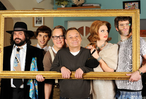 House Of Fools. Image shows from L to R: Beef (Matt Berry), Erik (Daniel Simonsen), Vic (Vic Reeves), Bob (Bob Mortimer), Julie (Morgana Robinson), Bosh (Dan Skinner). Copyright: BBC / Pett Productions. House Of Fools. Image shows from L to R: Beef (Matt Berry), Erik (Daniel Simonsen), Vic (Vic Reeves), Bob (Bob Mortimer), Julie (Morgana Robinson), Bosh (Dan Skinner). Copyright: BBC / Pett Productions.