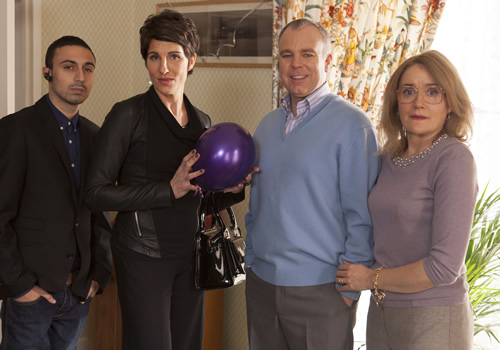 Inside No. 9. Image shows from L to R: Si (Adam Deacon), Sally (Tamsin Greig), Graham (Steve Pemberton), Jan (Sophie Thompson). Copyright: BBC. Inside No. 9. Image shows from L to R: Si (Adam Deacon), Sally (Tamsin Greig), Graham (Steve Pemberton), Jan (Sophie Thompson). Copyright: BBC.
