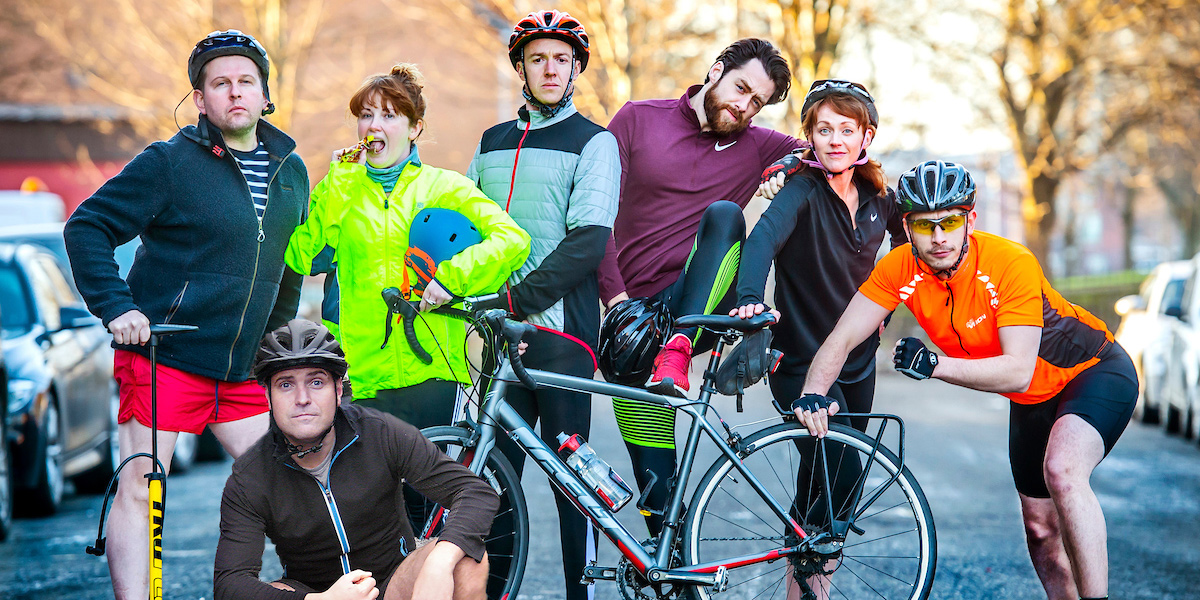 Saddled. Image shows from L to R: Mark (Greg McHugh), Robbie (Gerry McLaughlin), Sue (Sally Reid), Francis (Robin Laing), Jack (Richard Rankin), Dawn (Lucianne McEvoy), Brennan (Richard Gadd). Saddled. Image shows from L to R: Mark (Greg McHugh), Robbie (Gerry McLaughlin), Sue (Sally Reid), Francis (Robin Laing), Jack (Richard Rankin), Dawn (Lucianne McEvoy), Brennan (Richard Gadd).